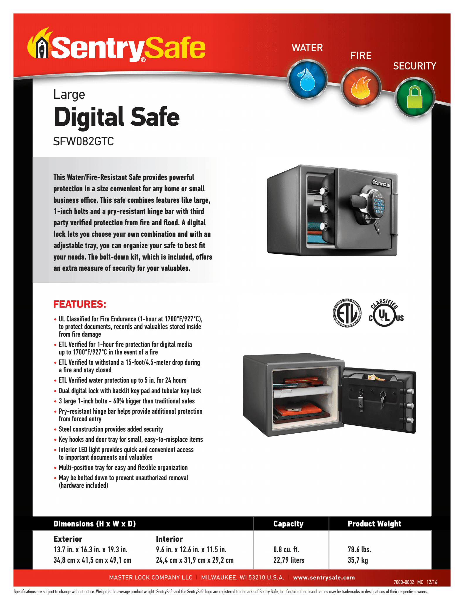 Sentry Safe Electronic Lock SFW082GTC - Safe Fortress